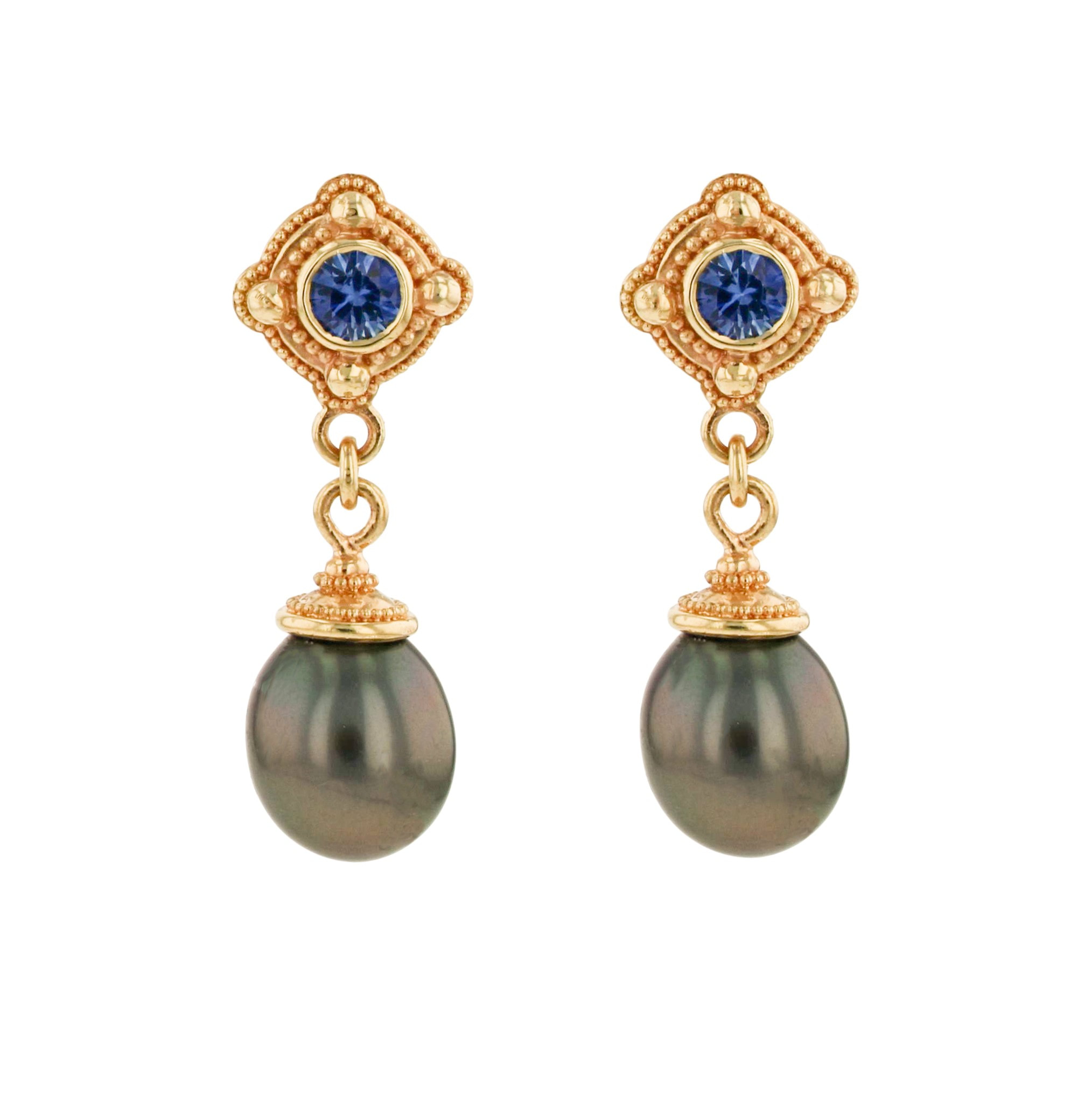Blue Sapphire and Black Pearl Dangle Earrings